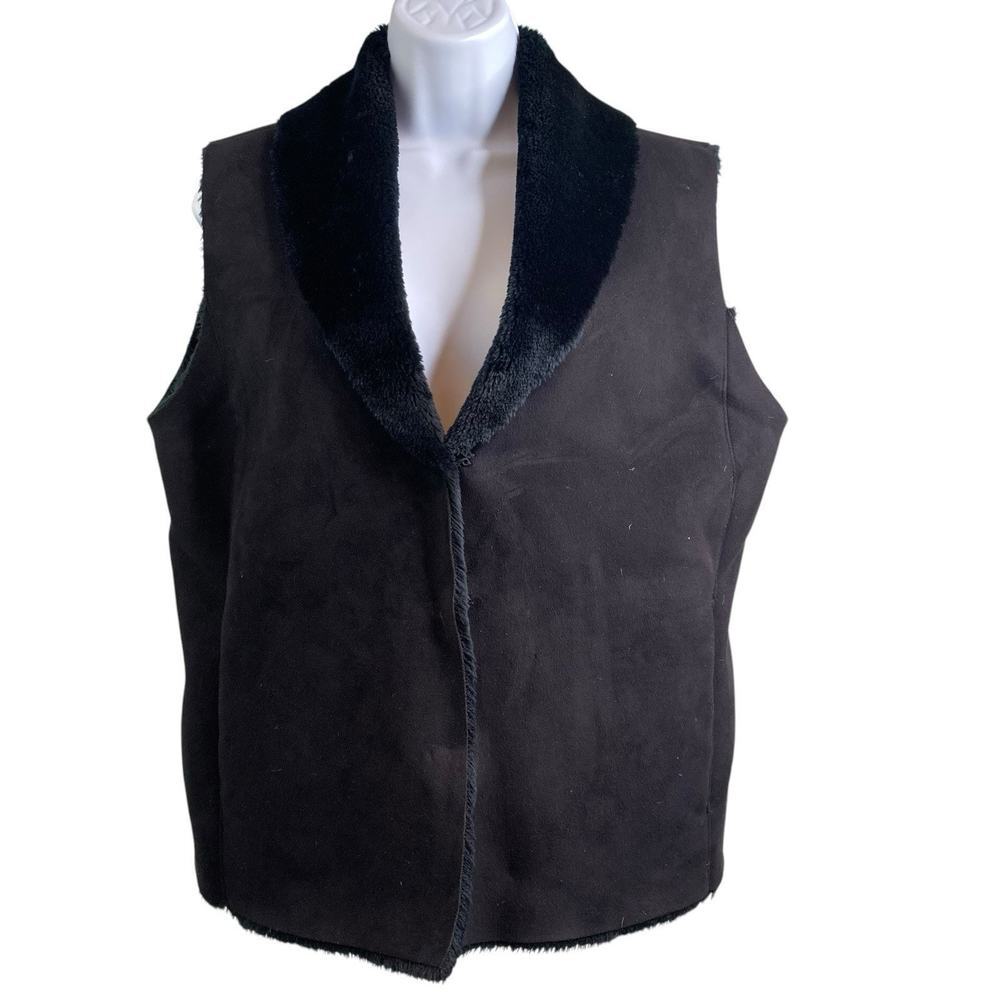 Vintage Lauren Women's Black‎ Suede Faux Fur Vest Size M Old Money Luxury Cozy